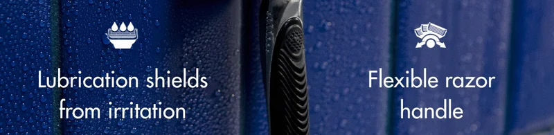 Lubrication shields from irritation. Flexible razor handle.