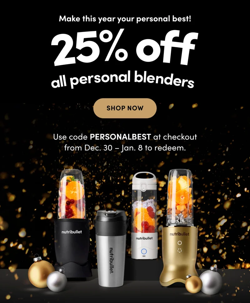 A lineup of nutribullet personal blenders displayed with colorful ingredients and festive ornaments against a dark, sparkling background.