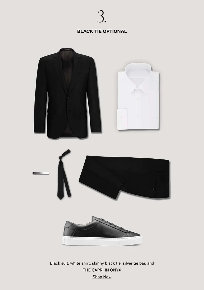 3–Black tie optional. Black suit, white shirt, skinny black tie, silver tie bar, and THE CAPRI IN ONYX. Shop Now