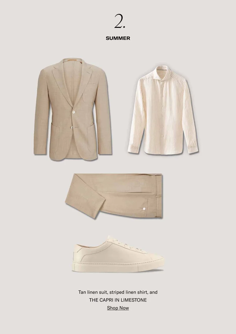 2– Summer. Tan linen suit, striped linen shirt, and THE CAPRI IN LIMESTONE. Shop Now