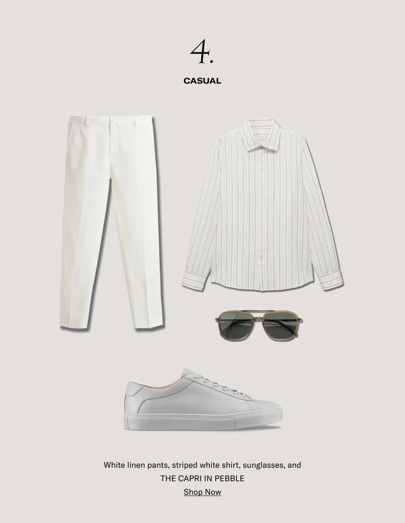 4–Casual. White linen pants, striped white shirt, sunglasses, and THE CAPRI IN PEBBLE. Shop Now