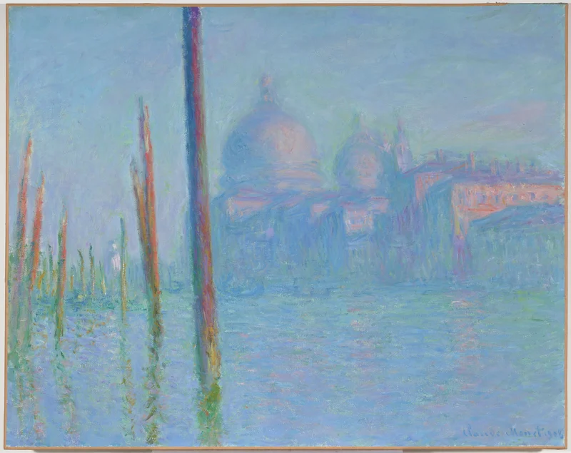 An Impressionist painting of reeds in water with a domed building in the background
