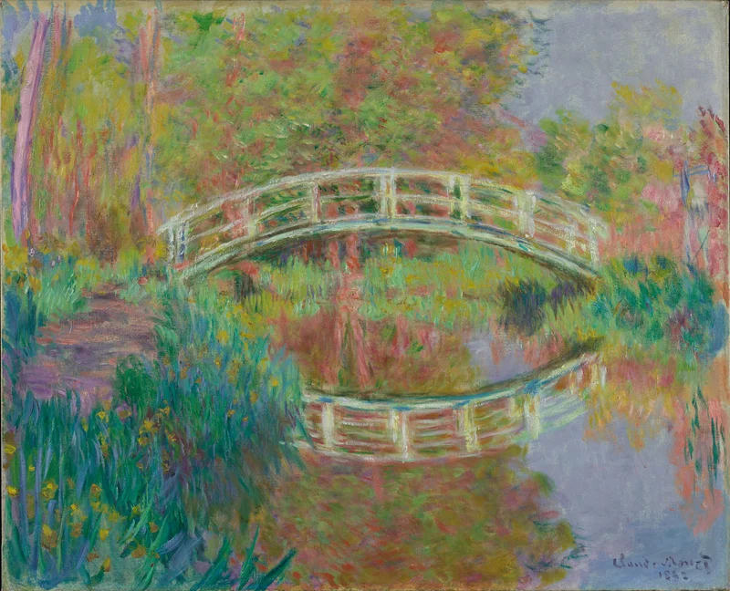An Impressionist painting of a bridge over water surrounded by flowers and trees
