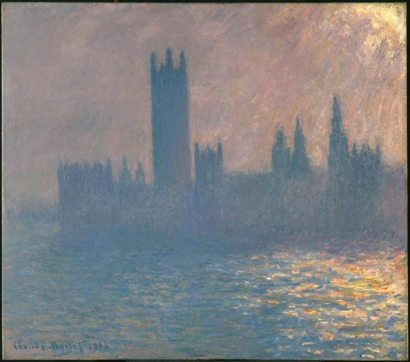 An Impressionist painting of hazy buildings in the distance