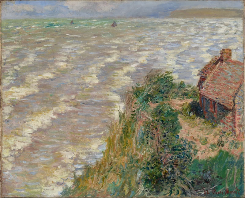 An Impressionist painting of a house on a cliff with a body of water below