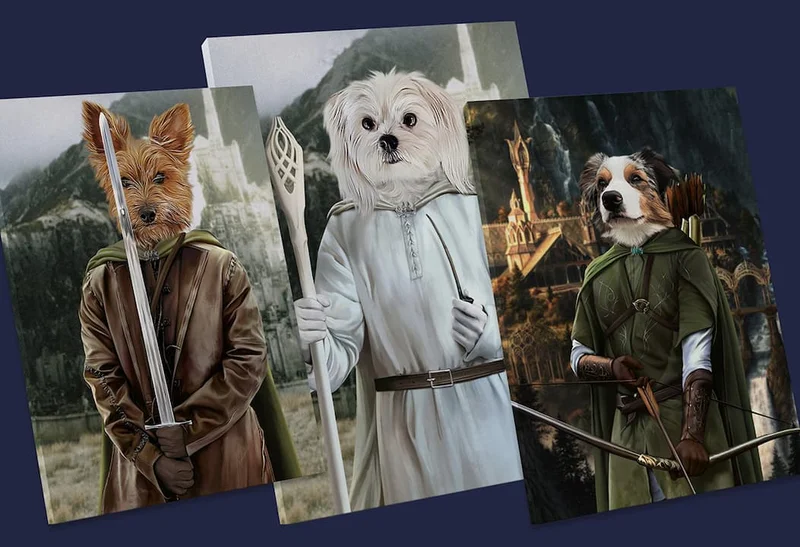 Portrait mock ups inspired by The Lord of the Rings characters, including Gandalf, Gimli, Aragorn, and Legolas