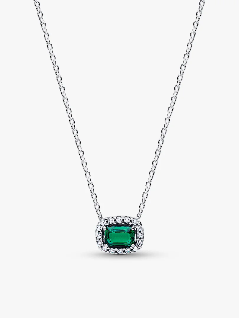 Rectangular Sparkling Green Halo Pendant Necklace