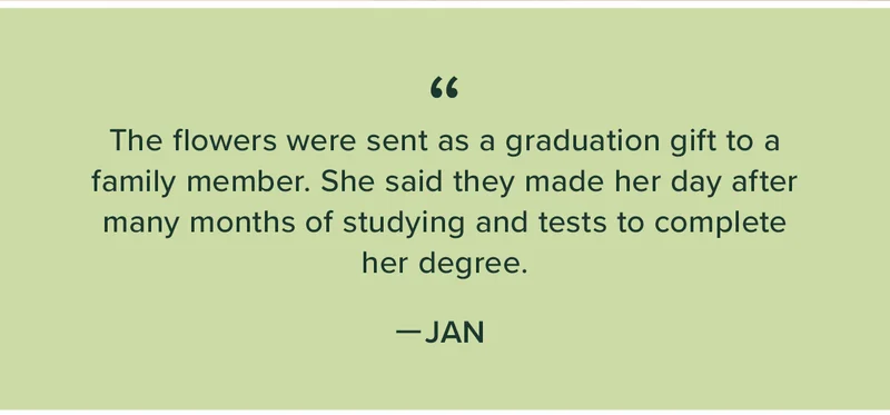 ''The flowers were sent as a graduation gift to a family member. She said they made her day after many months of studying and tests to complete her degree.'' —JAN