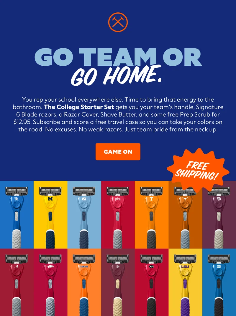 GO TEAM OR GO HOME. | CTA: GAME ON | FREE SHIPPING!