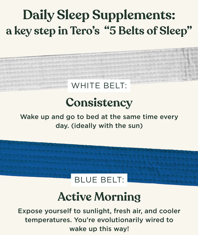 Daily Sleep Supplements: a key step in Tero's "5 Belts of Sleep" - WHITE BELT: Consistency. Wake up and go to bed at the same time every day. (ideally with the sun); BLUE BELT: Active Morning. Expose yourself to sunlight, fresh air, and cooler temperatures. You're evolutionarily wired to wake up this way!