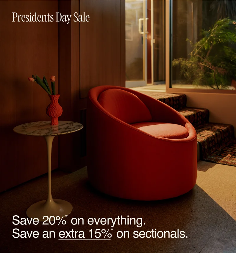 Presidents Day Sale: Save 20%* on everything. Save an extra 15%* on sectionals. (Pictured: The Gere Easy Chair in Persimmon)