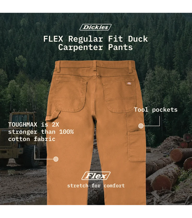 FLEX Regular Fit Duck Carpenter Pants. Touchmax is 2x stronger than 100% cotton fabric. Tool Pockets. FLEX - Stretch for comfort.
