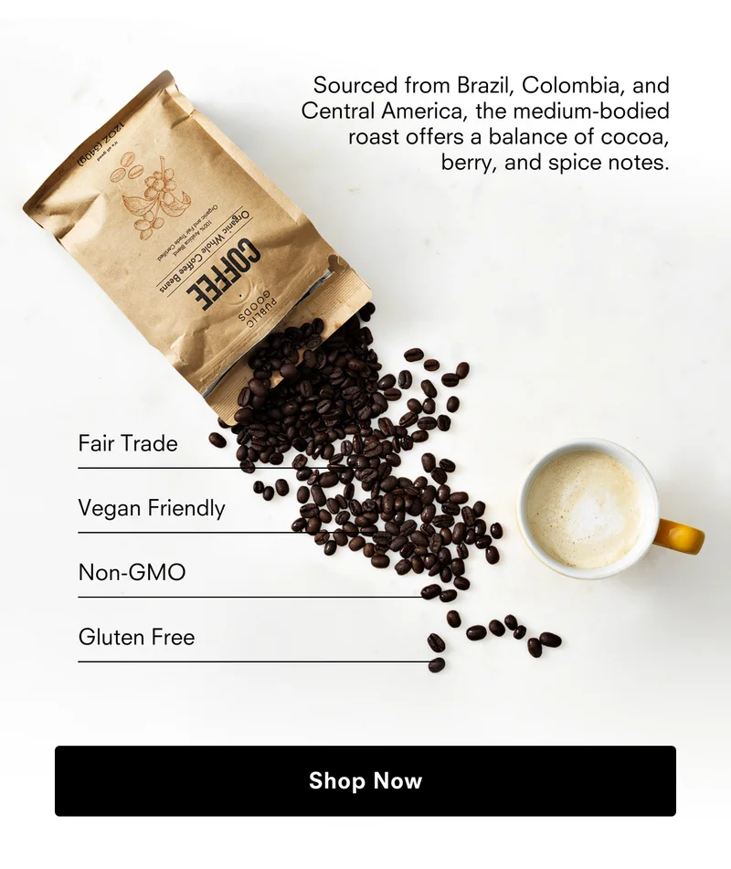 Sourced from Brazil, Colombia, and Central America, the medium-bodied roast offers a balance of cocoa, berry, and spice notes.