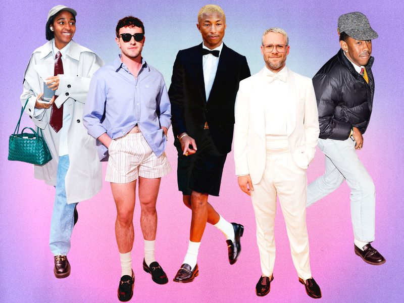 Image may contain: Tyler, The Creator, Seth Rogen, Pharrell Williams, Clothing, Coat, Shorts, Footwear, Shoe, and Jacket
