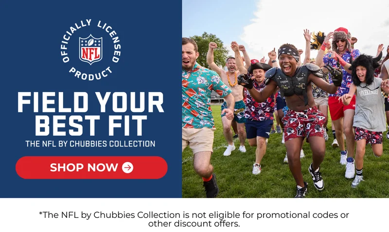 FIELD YOUR BEST FIT. Shop NEW NFL by Chubbies Polos, Swim Trunks, and Mesh Shorts.