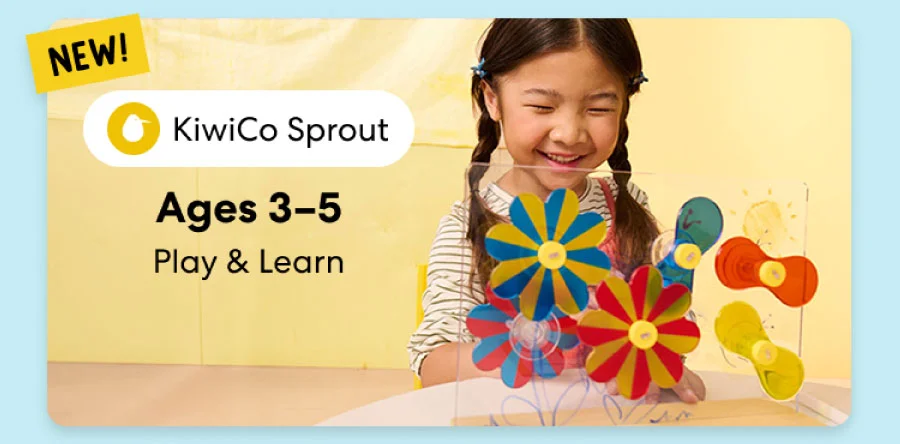 Young child smiling while working on creative KiwiCo Sprout projects, perfect for ages 3–5 for play and learn. Young child smiling while working on creative KiwiCo Sprout projects, perfect for ages 3–5 for play and learn.