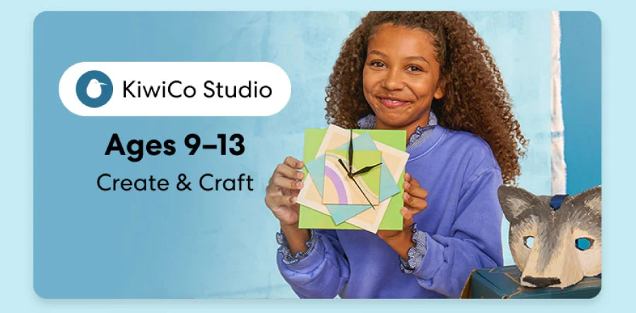 Smiling teen holding a colorful KiwiCo art and design project. Inspires creativity for ages 9–18+ Smiling teen holding a colorful KiwiCo art and design project. Inspires creativity for ages 9–18+