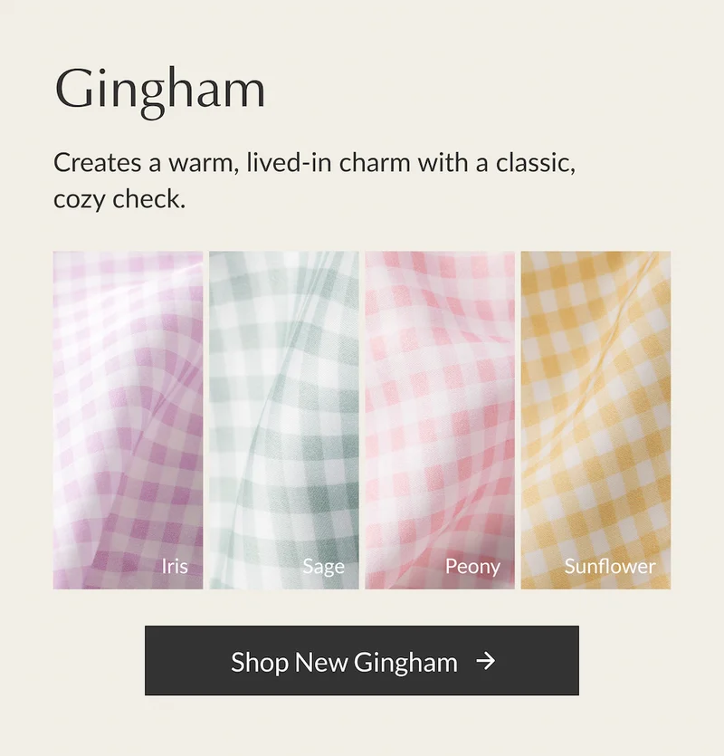Buffy Gingham Breeze Duvet Cover swatches in Iris, Sage, Peony, and Sunflower