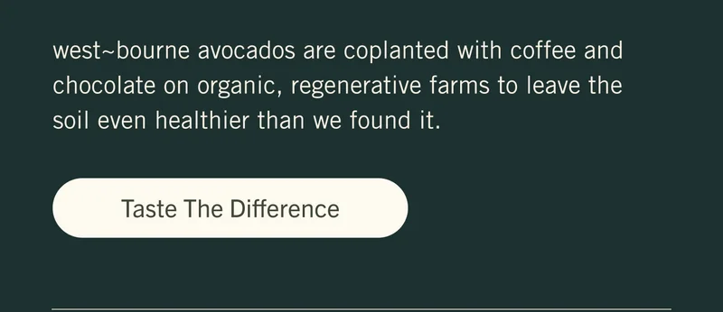 west~bourne avocados are coplanted with coffee and chocolate on organic, regenerative farms to leave the soil even healthier than we found it. TASTE THE DIFFERENCE