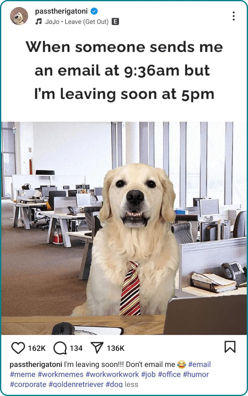 Instagram post from an account called pass the rigatoni. Image of a sad looking dog wearing a tie andsat at an office desk with the words when someone sends me an email at nine thirty six am but i'm leaving soon at five pm.