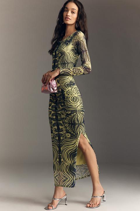 By Anthropologie Long-Sleeve Open-Back Mesh Maxi Dress