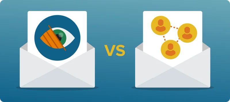 Graphic of two open envelopes. The left envelope has an image of an eye and the right envelope has an image of three connected user icons. 'VS' is displayed between the envelopes