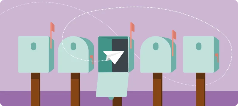 Graphic of five mailboxes with a paper airplane flying into the middle mailbox