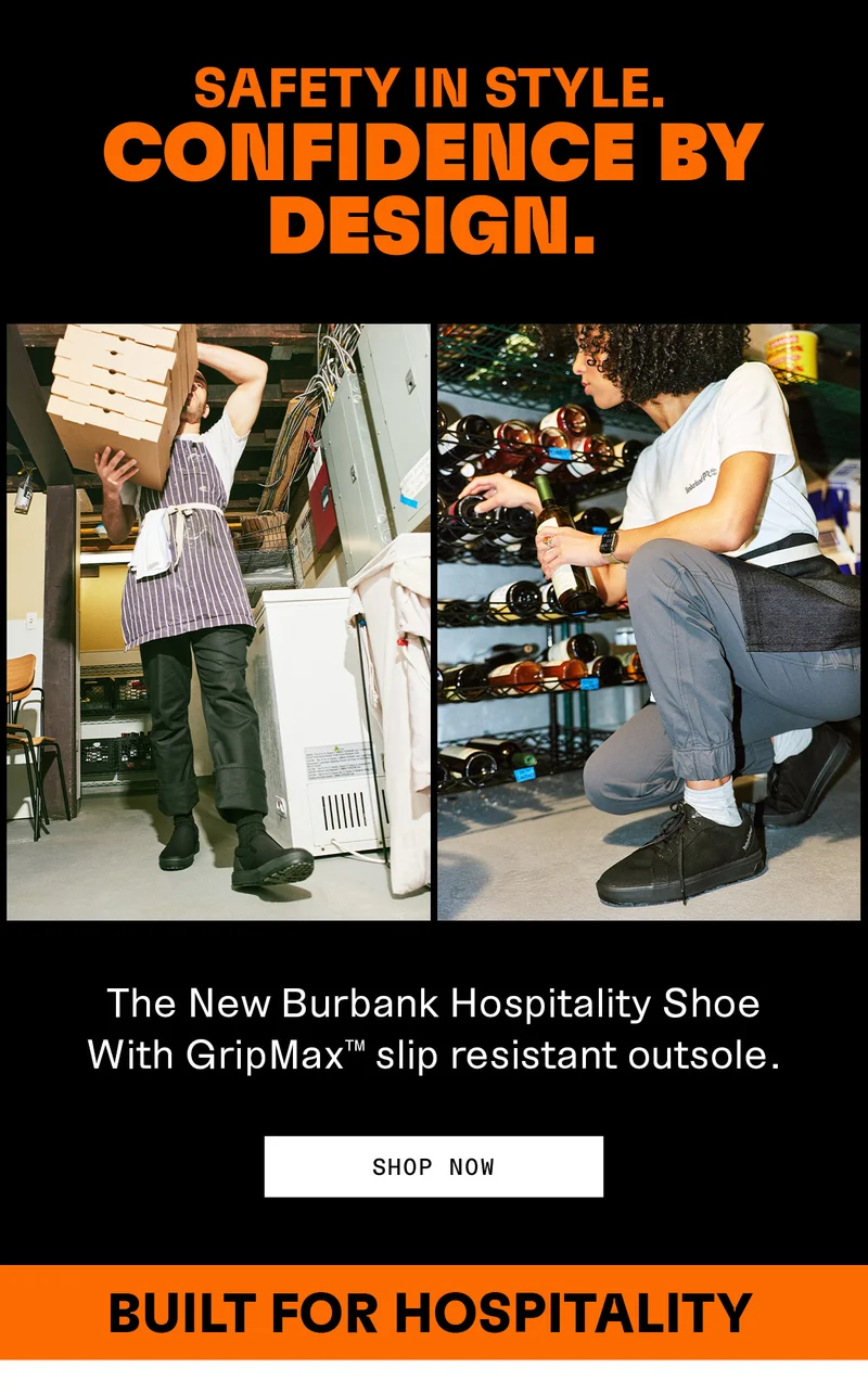 Safety in style. Confidence by design. The new Burbank Hospitality Shoe with GripMax™ slip resistant outsole. Shop now