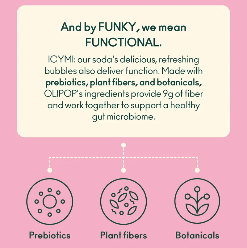 By FUNKY, we mean FUNCTIONAL. ICYMI: our soda's delicious, refreshing bubbles also deliver function. Made with prebiotics, plant fibers, and botanicals, OLIPOP's ingredients provide 9g of fiber and work together to support a healthy gut microbiome.