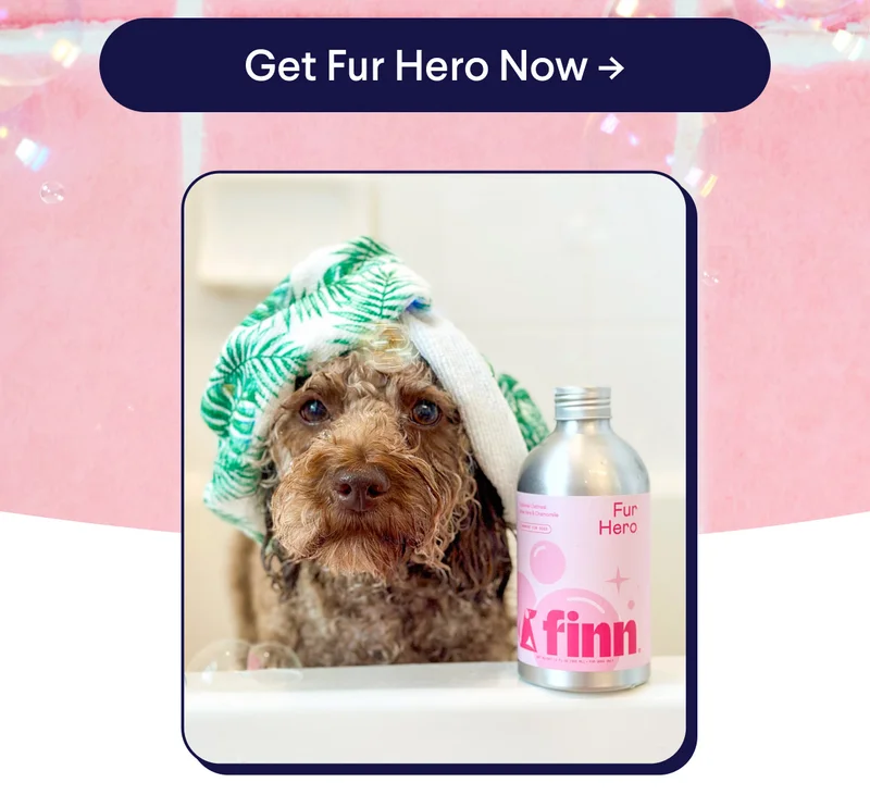 CTA: Get Fur Hero Now. UGC of dog in bath with towel wrapped around its head and Fur Hero sitting on ledge in foreground
