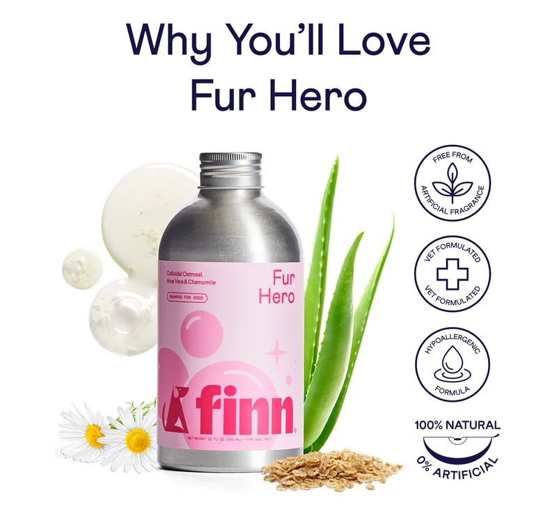 Why You’ll Love Fur Hero. Image of Fur Hero bottle surrounded by natural ingredients. Badges read: "free from artificial fragrance", "vet formulated", "hypoallergenic formula", "100% natural 0% artificial"