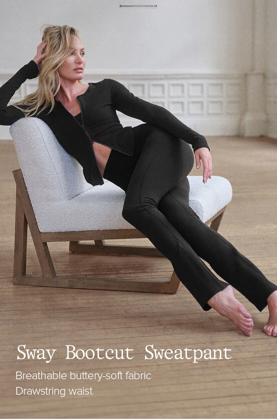 Sway Bootcut Sweatpant. Breathable buttery-soft fabric, Drawstring Waist