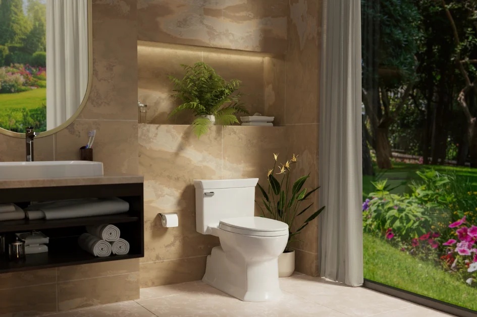 A TOTO Soiree S7A WASHLET+ bidet seat toilet in a sunlit bathroom