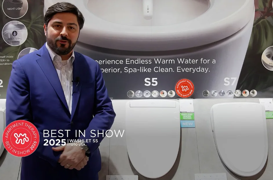 Jarrett Oakley, Director of Marketing at TOTO USA beside TOTO's new WASHLET S5 celebrating it being named Best in Show at KBIS 2025 by Apartment Therapy