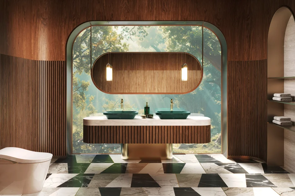 TOTO's new vibrant color lavatories in forest green displayed in a modern bathroom