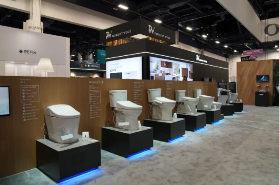 A lineup of WASHLET+ bidet seat toilets displayed at KBIS 2025
