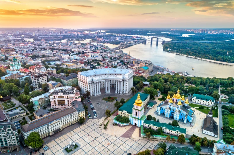 he Dnieper River and the golden-domes of the St. Michael Monastery in Kyiv, Ukraine