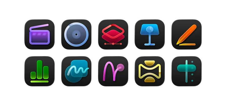 Apple Creator Studio app icons, Final Cut Pro, Logic Pro, Pixelmator Pro, Keynote, Pages, Numbers, Freeform, Motion, Compressor, MainStage