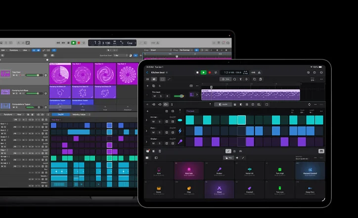 MacBook Pro 16 screen showing Logic Pro interface, details of various controls for bass and drums, iPad Pro 13 screen showing controls for different drums and percussion effects