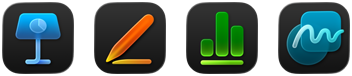 Podium icon for Keynote, bar graph icon for Numbers, pen icon for Pages, scribble graphic icon for Freeform