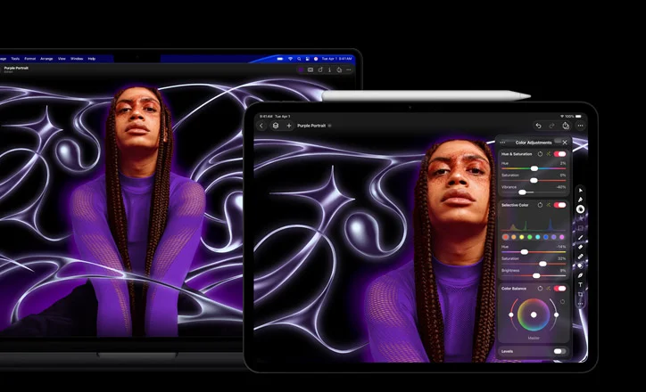 iPad Pro 13 with Apple Pencil on top, and MacBook Pro 16 devices coming together, workspace with image of person with braids and wearing a purple sweater, stylized background, Layers panel on the side of both screens