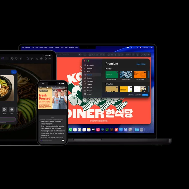 iPad Pro 13 screen showing Keynote with generative imagery of a bowl of vegetables and a fried egg, iPhone 16 screen showing Keynote with photo of two women and presenter notes, MacBook Pro 16 screen showing Keynote of a presentation with the Theme window open