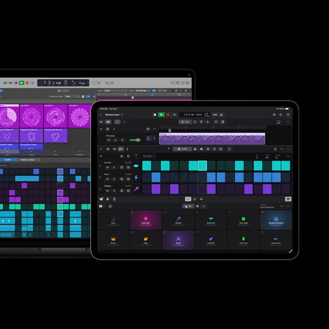MacBook Pro 16 screen showing Logic Pro interface, details of various controls for bass and drums, iPad Pro 13 screen showing controls for different drums and percussion effects