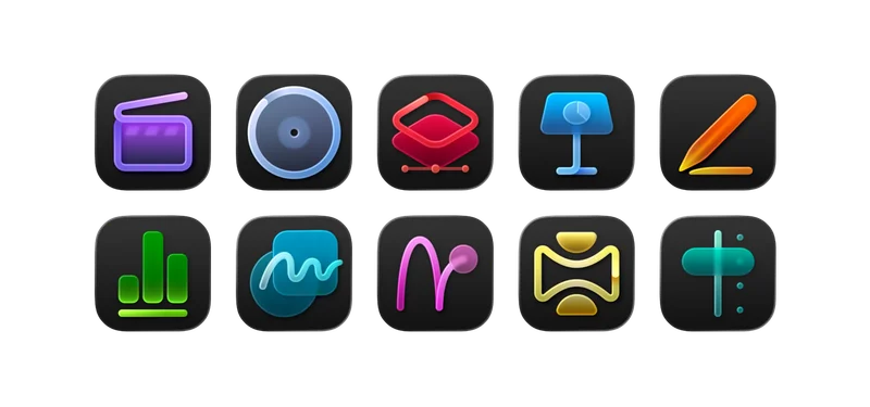 Apple Creator Studio app icons, Final Cut Pro, Logic Pro, Pixelmator Pro, Keynote, Pages, Numbers, Freeform, Motion, Compressor, MainStage