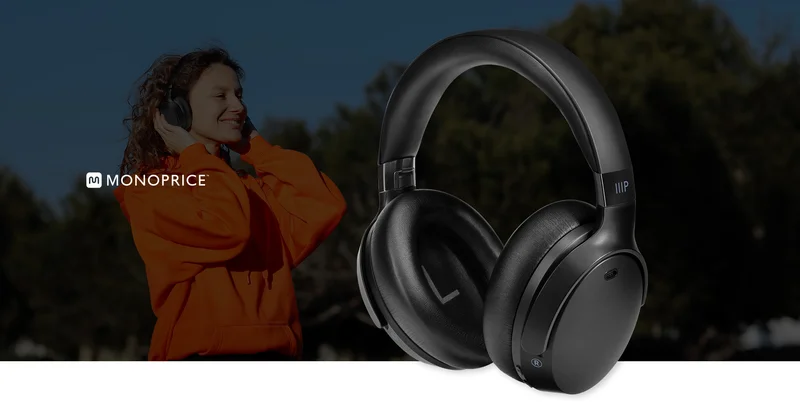 Monoprice Dual Driver Bluetooth Headphone with ANC (Active Noise Canceling), 20mm & 40mm Drivers, up to 70 Hrs Playtime, USB-C Charging