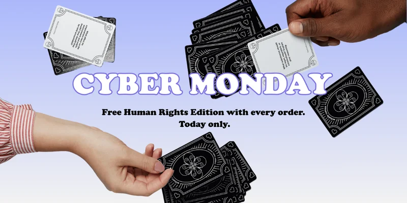 Black Friday graphic showing Actually Curious card decks with text: 30% off everything, 40% off select favorites, plus a free sticker pack with every order today only.