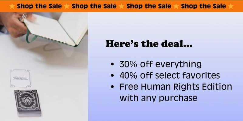 Black Friday graphic showing Actually Curious card decks with text: 30% off everything, 40% off select favorites, plus a free sticker pack with every order today only.
