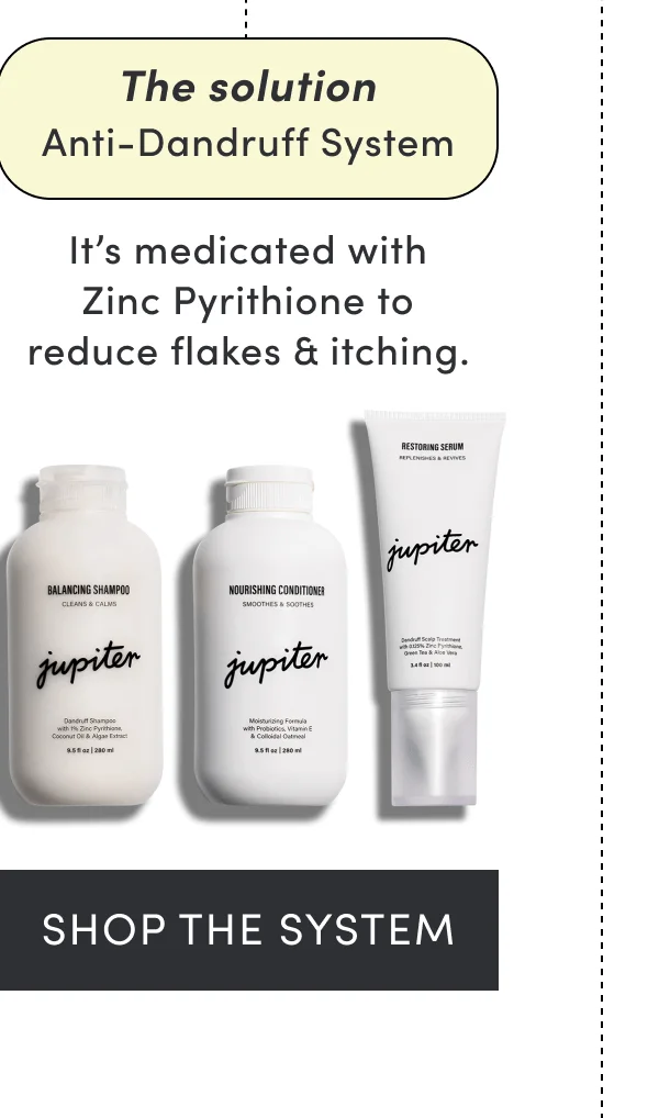 The solution | Anti-Dandruff System | It’s medicated with Zinc Pyrithione to reduce flakes & itching. | Shop the system