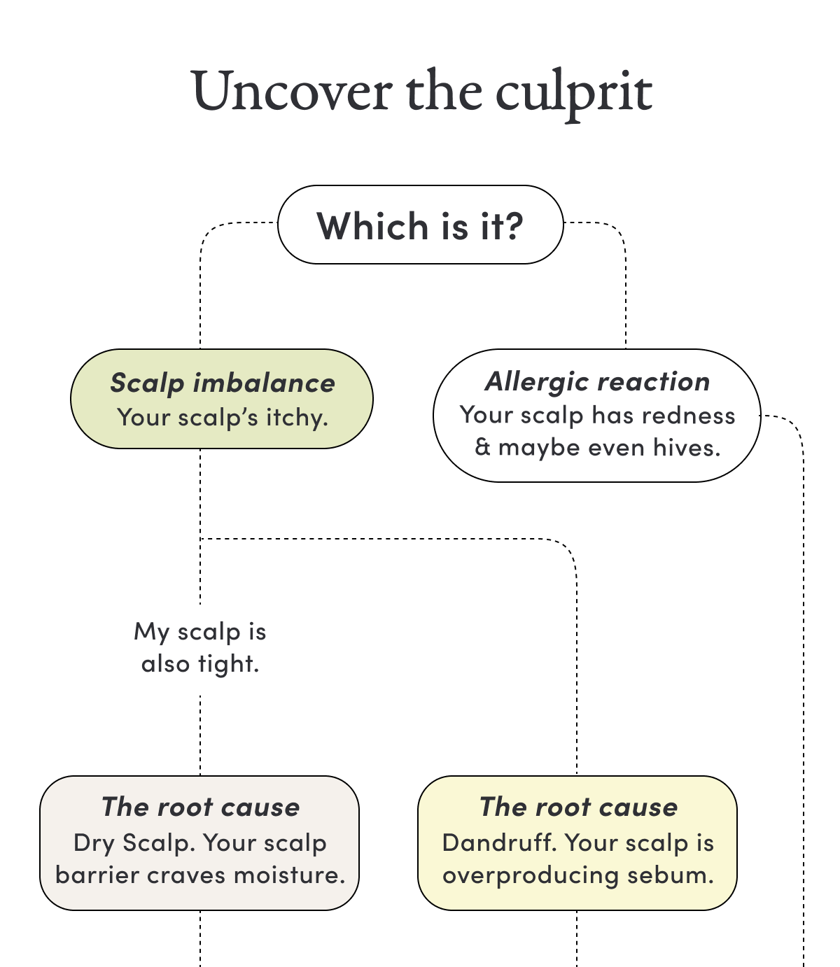 Which is it? | Scalp imbalance | Your scalp’s itchy. | Allergic reaction | Your scalp has redness & maybe even hives. |  My scalp is also tight. | The root cause | Dry scalp. Your scalp barrier craves moisture. | The root cause | Dandruff. Your scalp is overproducing sebum.