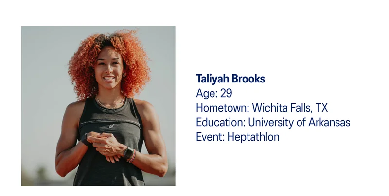 Taliyah Brooks Age: 29   Hometown: Wichita Falls, TX   Education: University of Arkansas    Event: Heptathlon